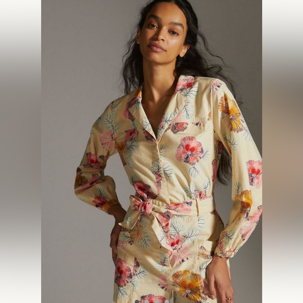 Anthropologie Cecilia Pettersson Medium Floral One-Piece Belted Button Up Romper